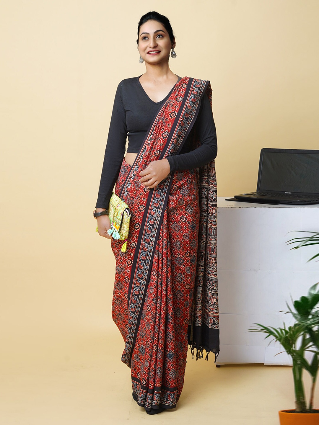 

Unnati Silks Ajrak Block Print Saree, Red