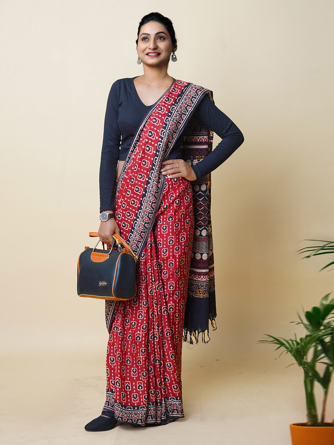 

Unnati Silks Ajrak Block Print Saree, Red
