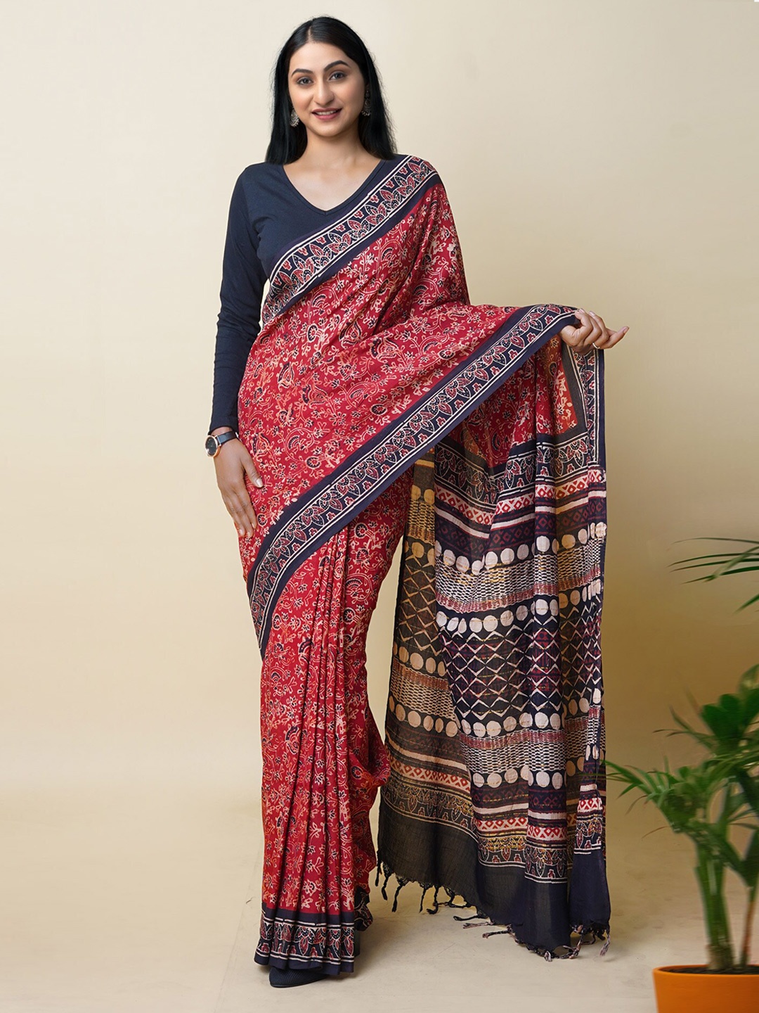 

Unnati Silks Ajrak Block Silk Blend Handloom Block Print Saree, Red