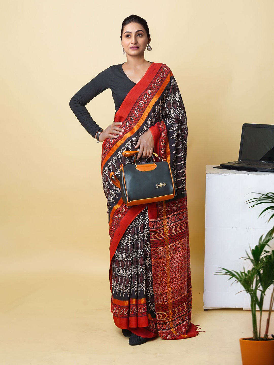 

Unnati Silks Ajrak Block Print Saree, Black