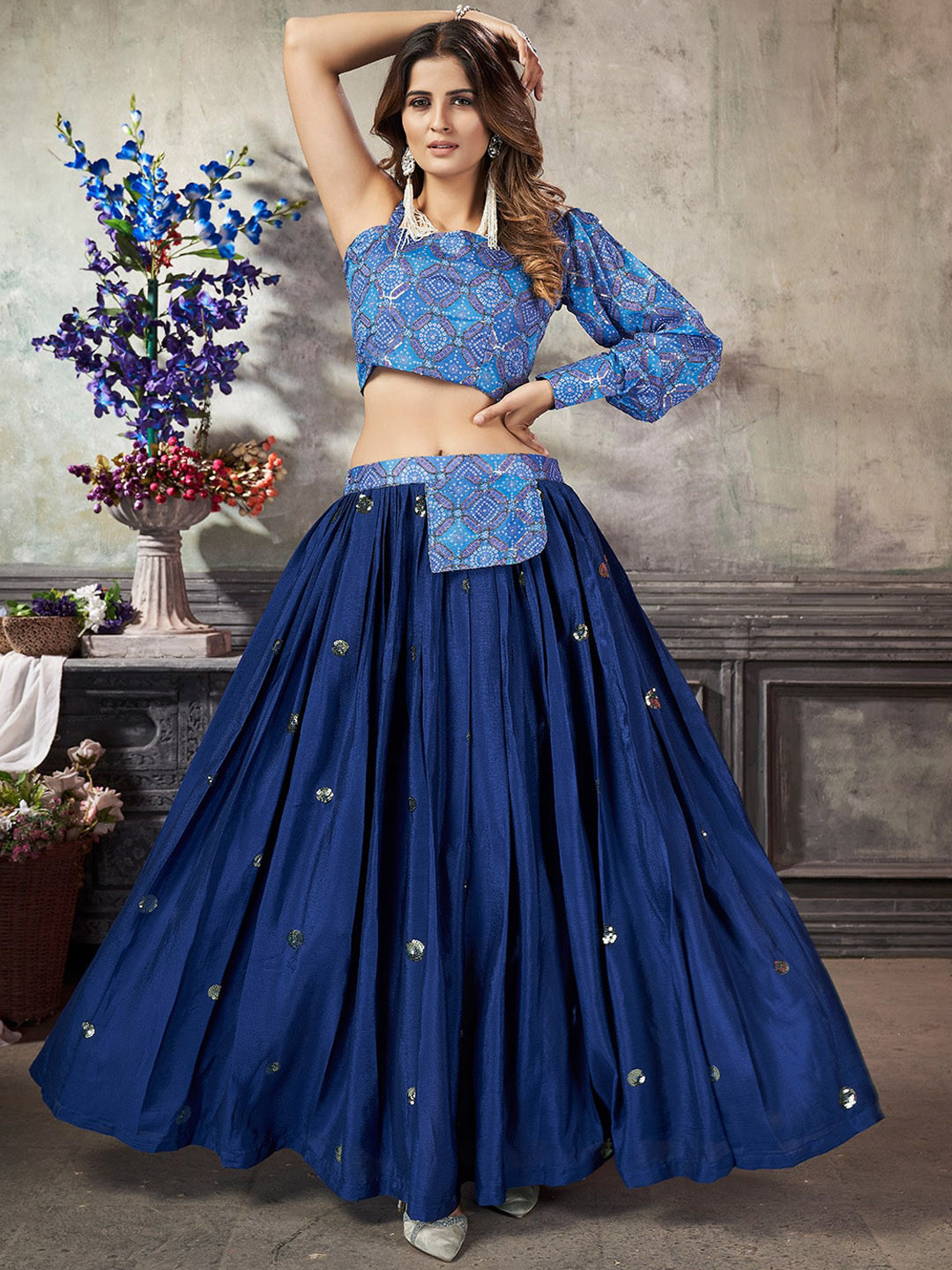 

KALINI Embroidered Asymmetric Neck Art Silk Crop Top With Flared Maxi Skirt, Blue