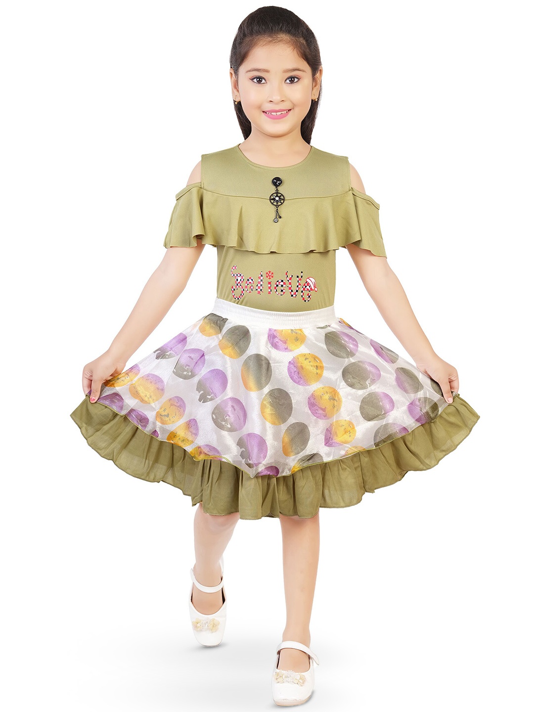 

CELEBRITY CLUB Girls Printed Top With Skirt, Sea green