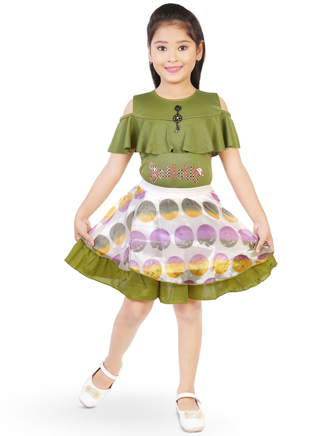 

CELEBRITY CLUB Girls Printed Top With Skirt, Green