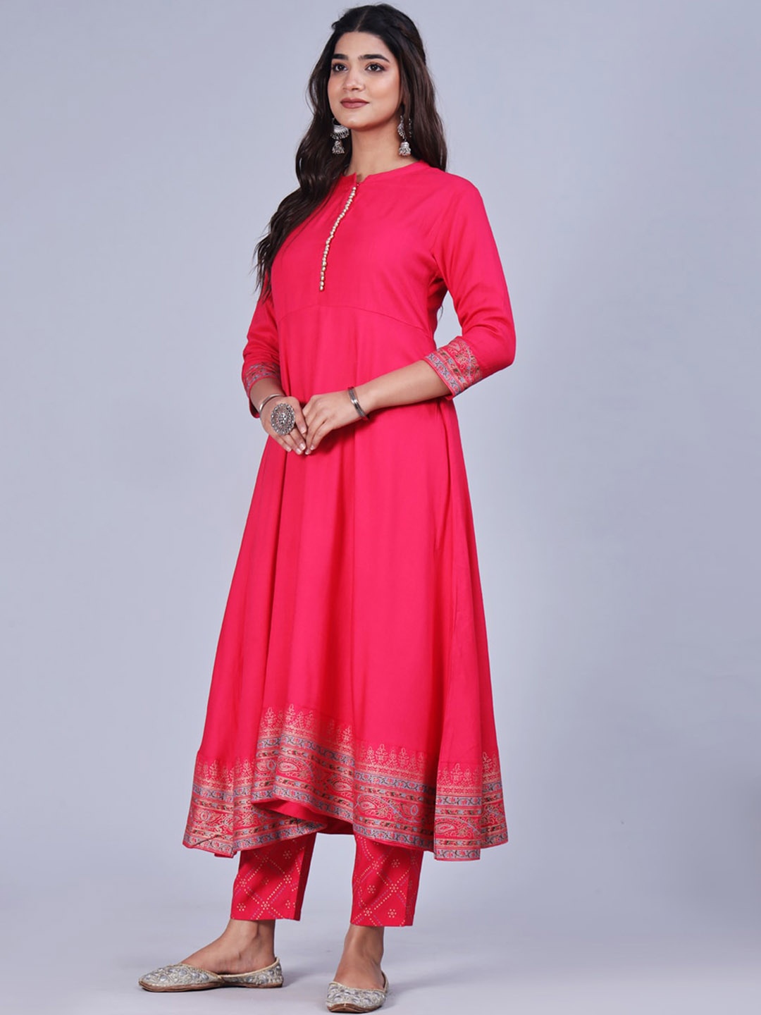 

IkDaiya Mandarin Collar A-Line Kurta with Trousers & With Dupatta, Pink