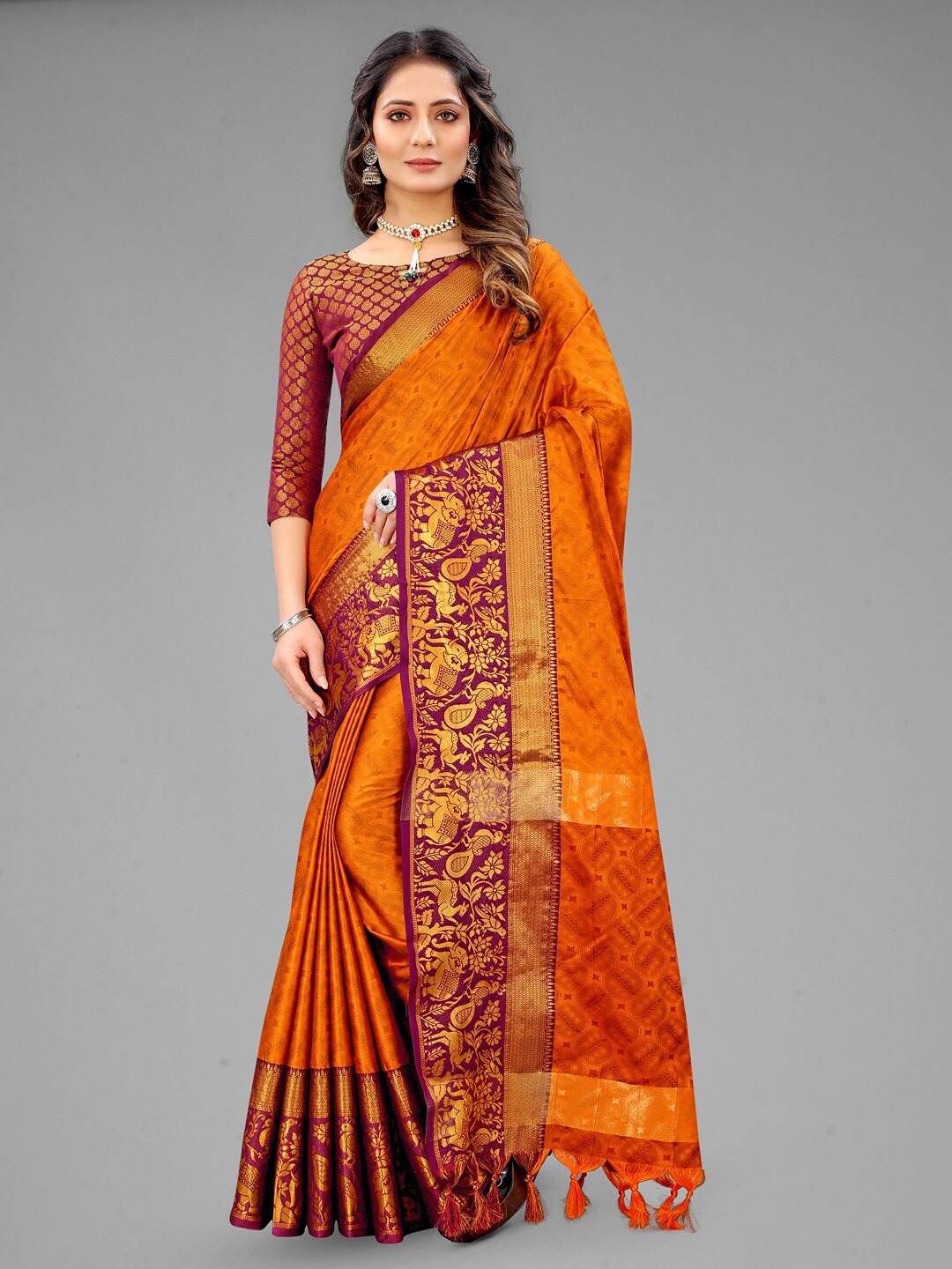 

Vilochan Woven Design Zari Silk Cotton Banarasi Saree, Orange