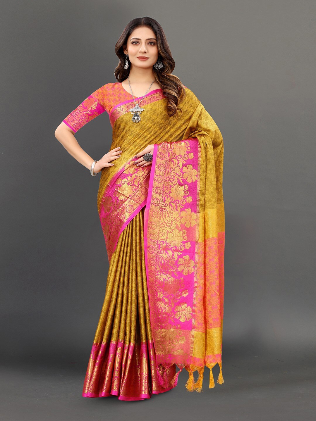 

Vilochan Ethnic Motifs Woven Design Zari Silk Cotton Banarasi Saree, Mustard
