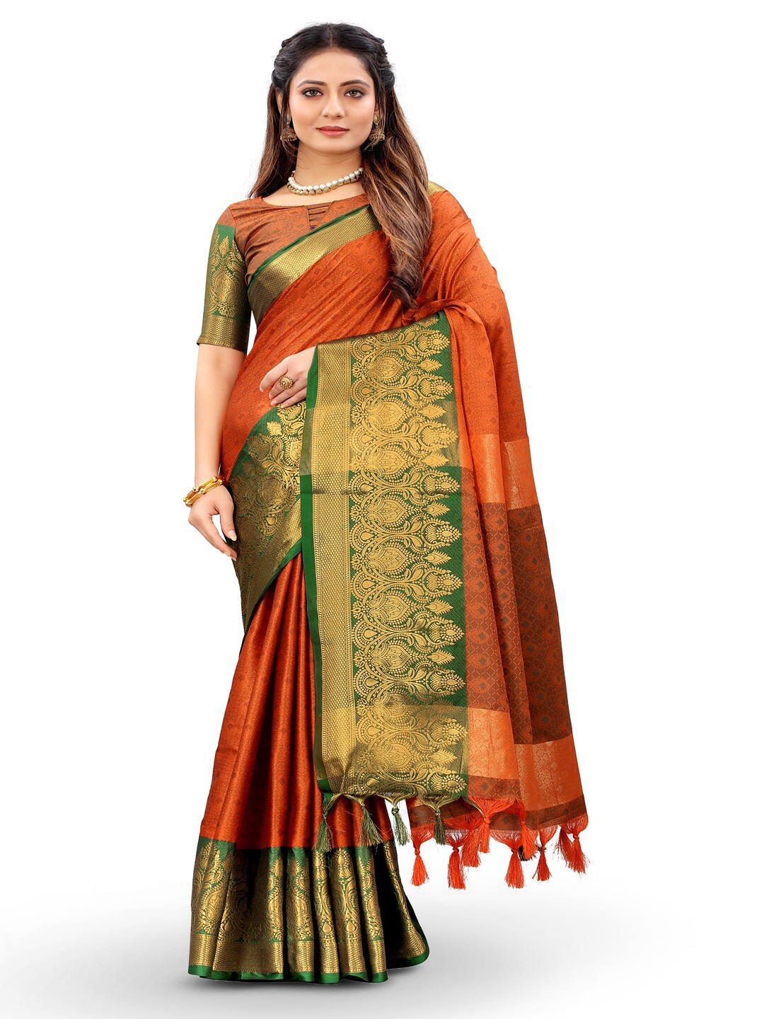 

Vilochan Ethnic Motifs Woven Design Zari Silk Cotton Banarasi Saree, Orange