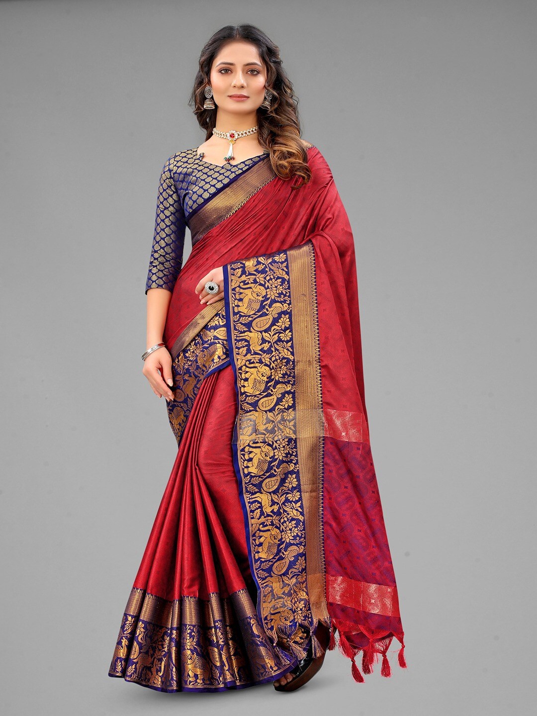 

Vilochan Ethnic Motifs Woven Design Zari Silk Cotton Banarasi Saree, Red