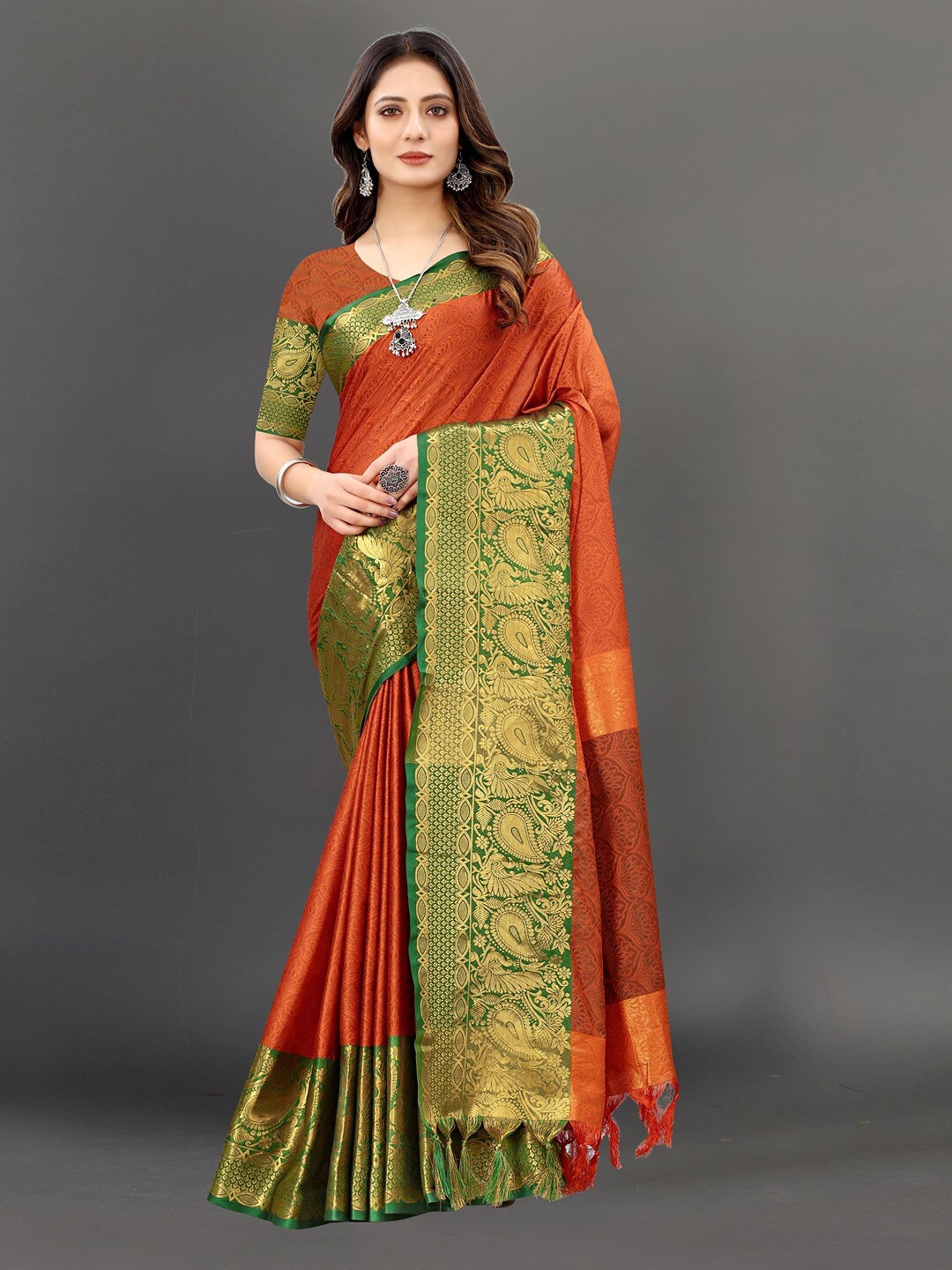 

Vilochan Ethnic Motifs Woven Design Zari Silk Cotton Banarasi Saree, Orange
