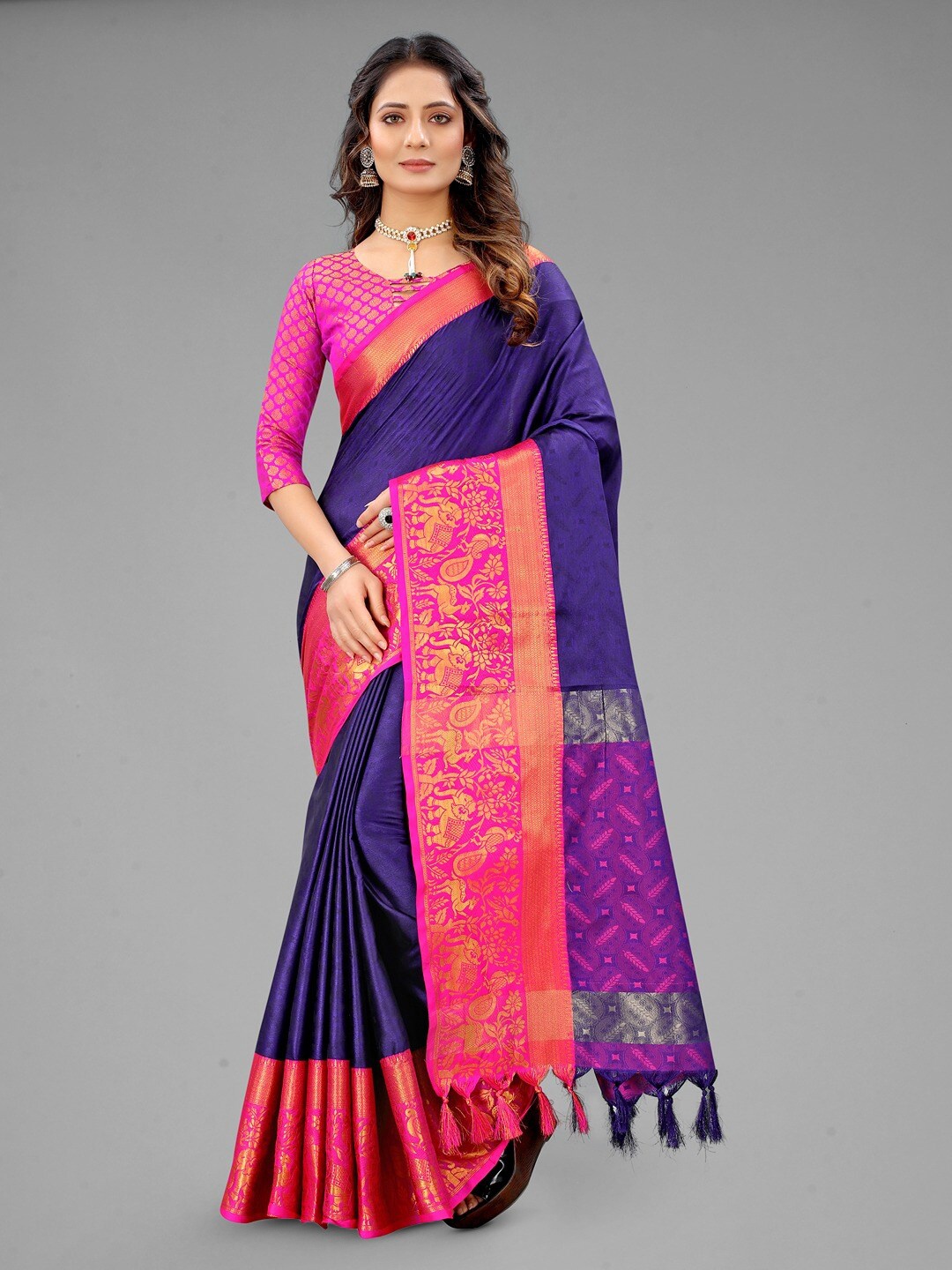 

Vilochan Ethnic Motifs Woven Design Zari Silk Cotton Banarasi Saree, Blue