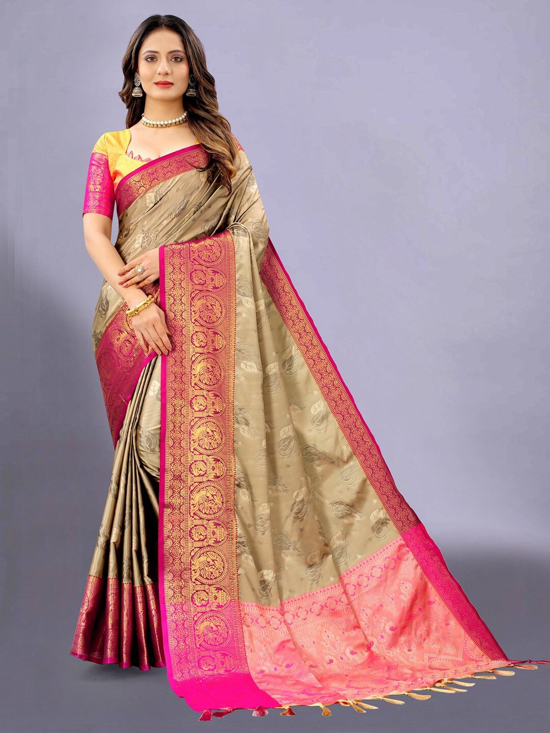 

Vilochan Beige Ethnic Motifs Woven Design Zari Art Silk Kanjeevaram Saree