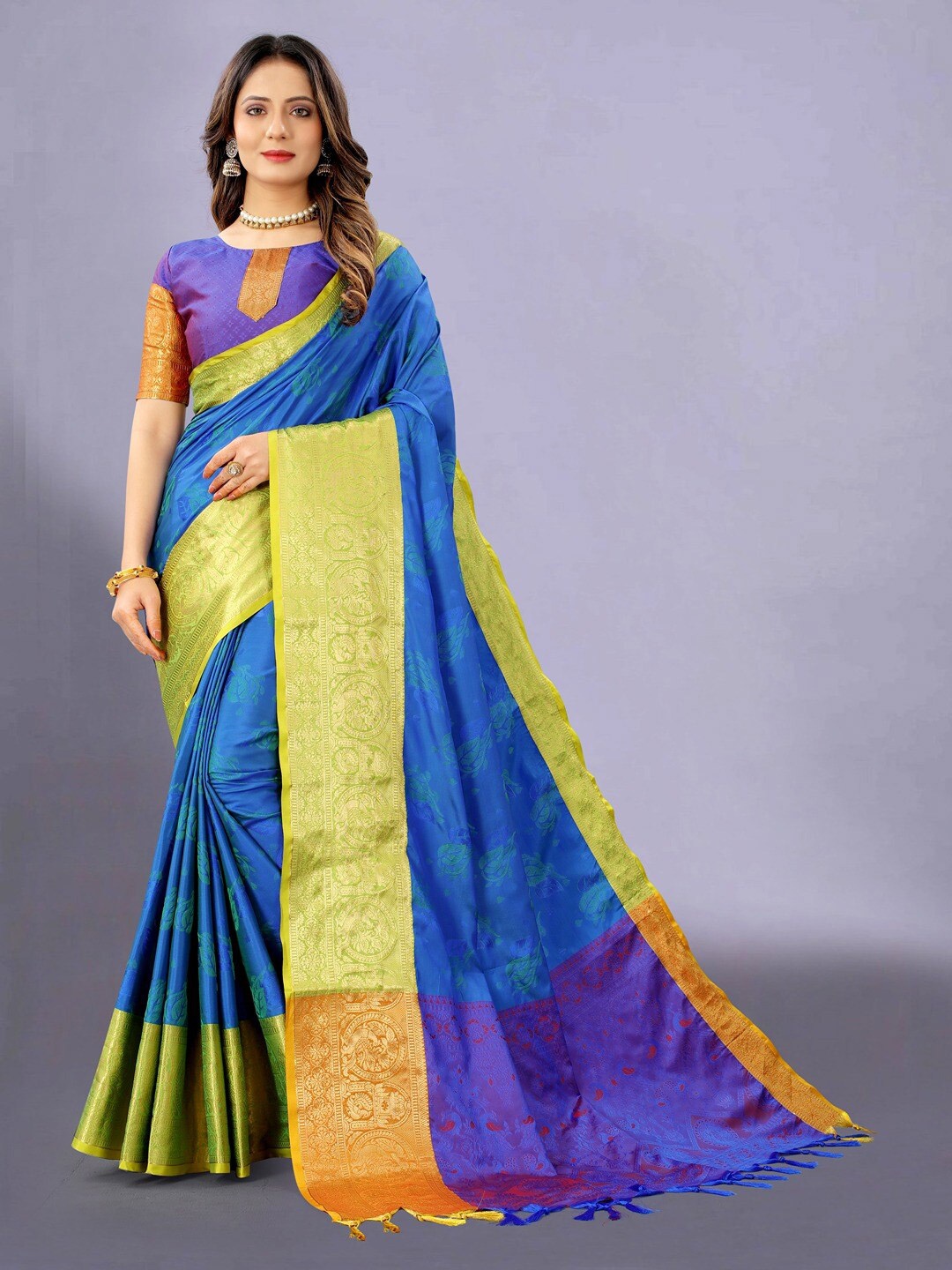 

Vilochan Floral Woven Design Zari Kanjeevaram Saree, Blue