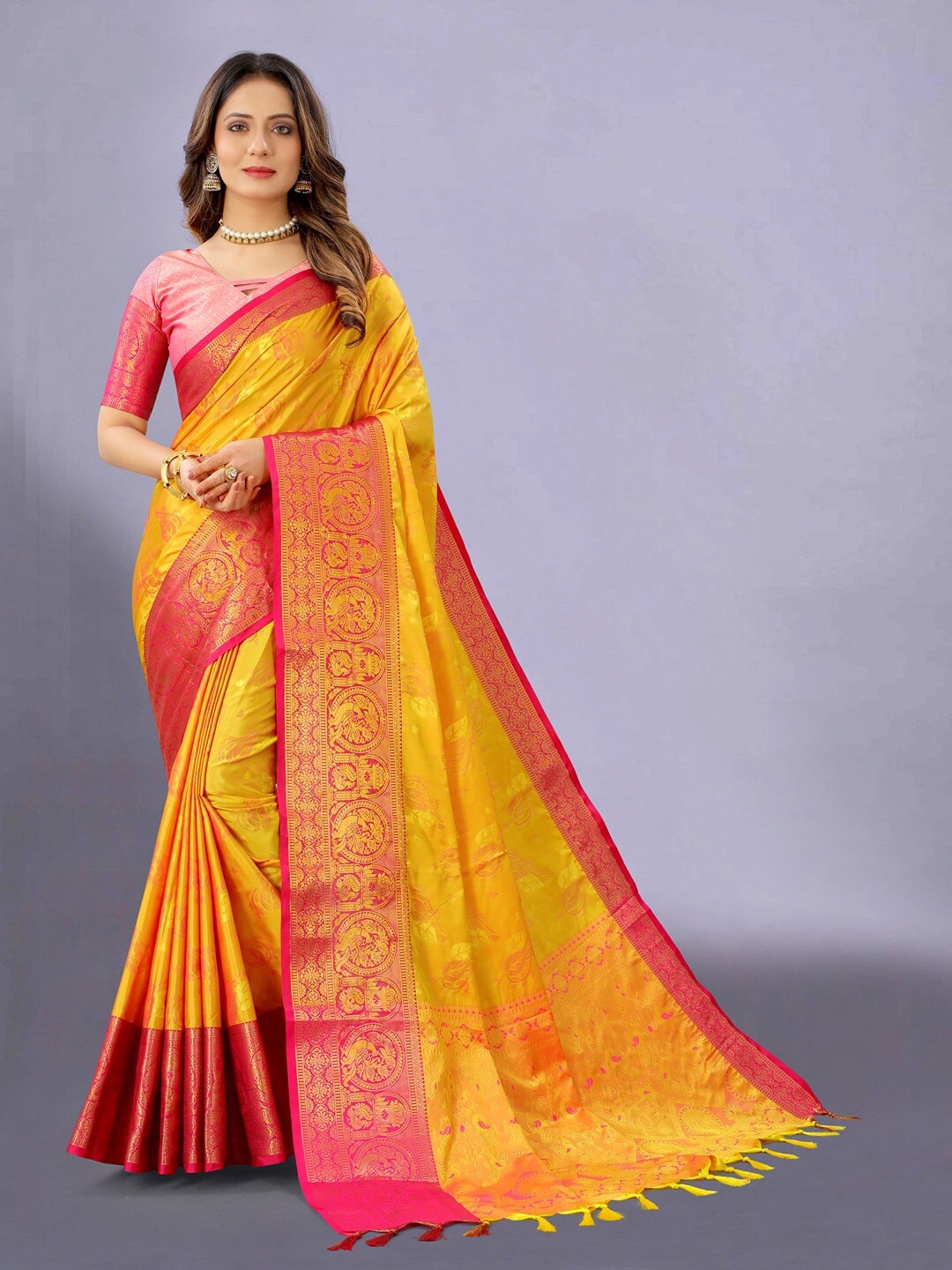 

Vilochan Floral Woven Design Zari Kanjeevaram Saree, Mustard