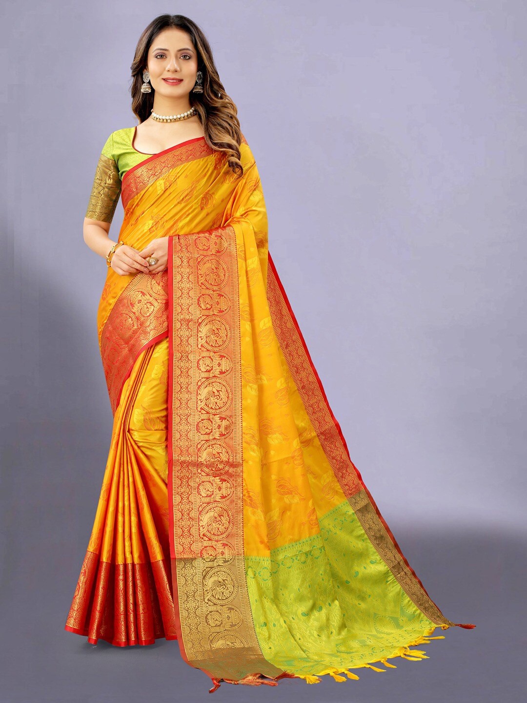 

Vilochan Floral Woven Design Zari Kanjeevaram Saree, Mustard