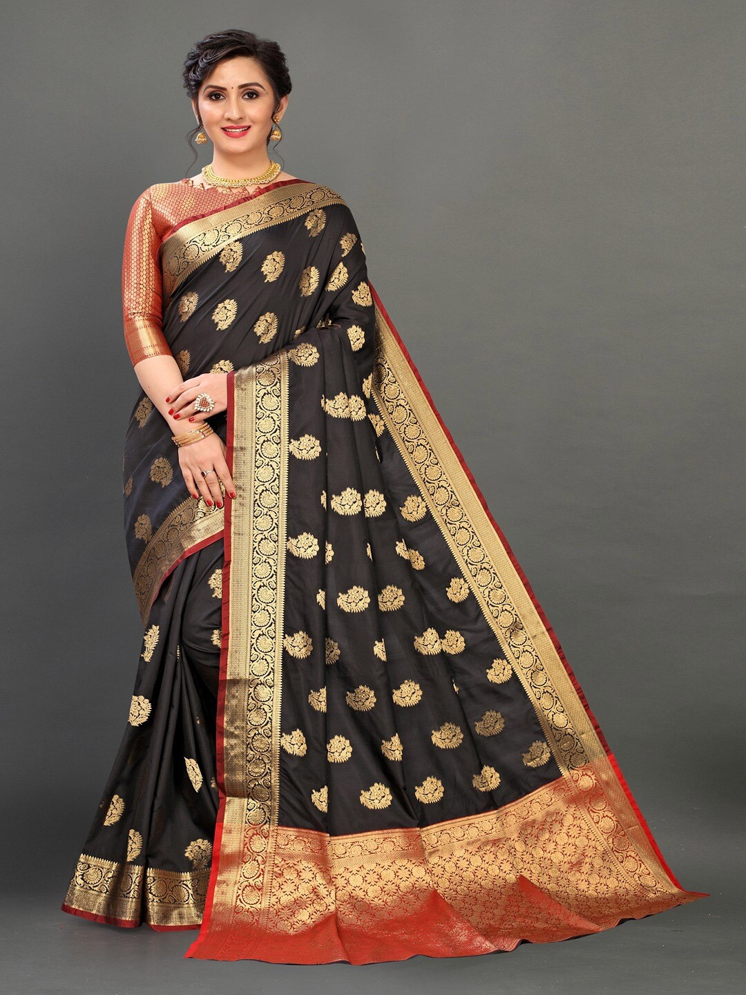 

Vilochan Ethnic Motifs Woven Design Zari Art Silk Banarasi Saree, Black