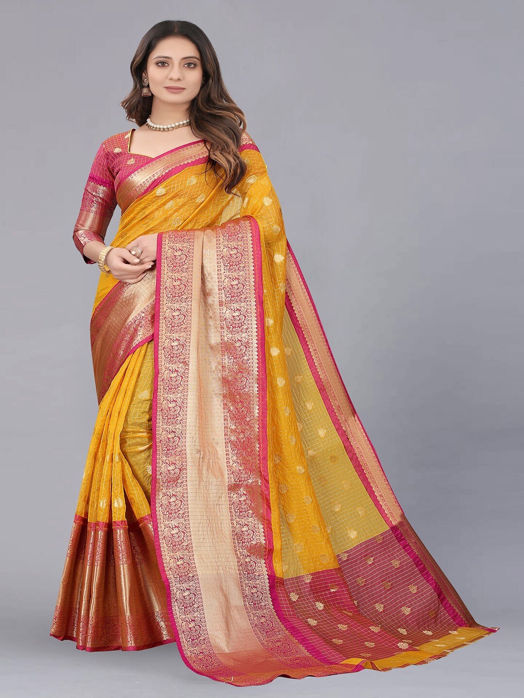 

Vilochan Ethnic Motifs Woven Design Zari Organza Banarasi Saree, Yellow