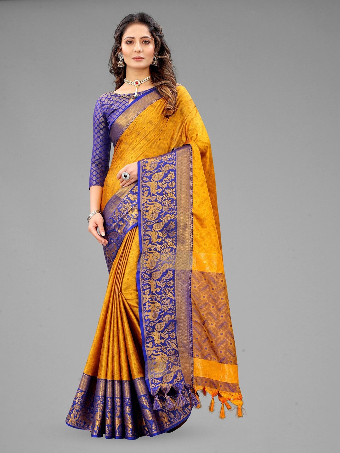 

Vilochan Woven Design Zari Silk Cotton Banarasi Saree, Mustard