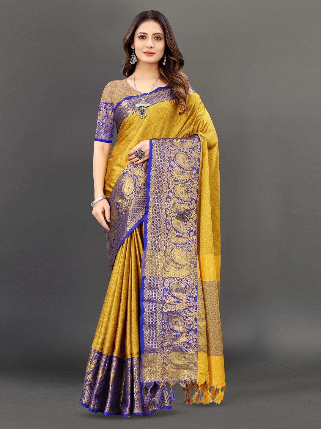 

Vilochan Ethnic Motifs Woven Design Zari Silk Cotton Banarasi Saree, Mustard