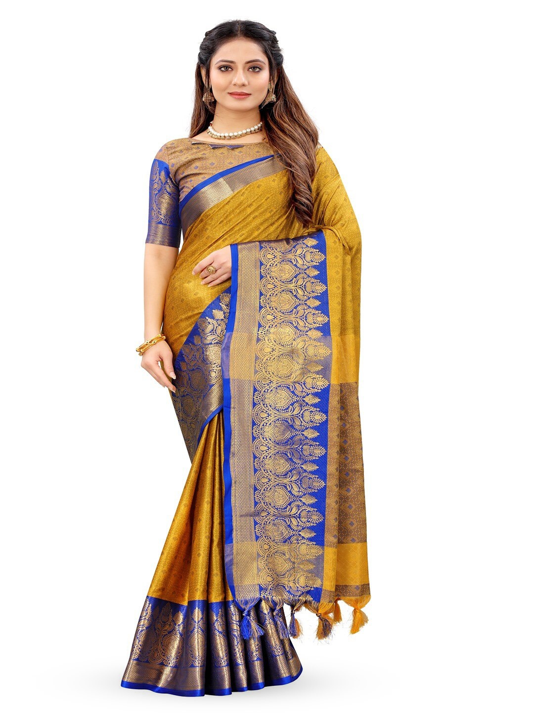 

Vilochan Ethnic otifs Woven Design Zari Silk Cotton Banarasi Saree, Mustard