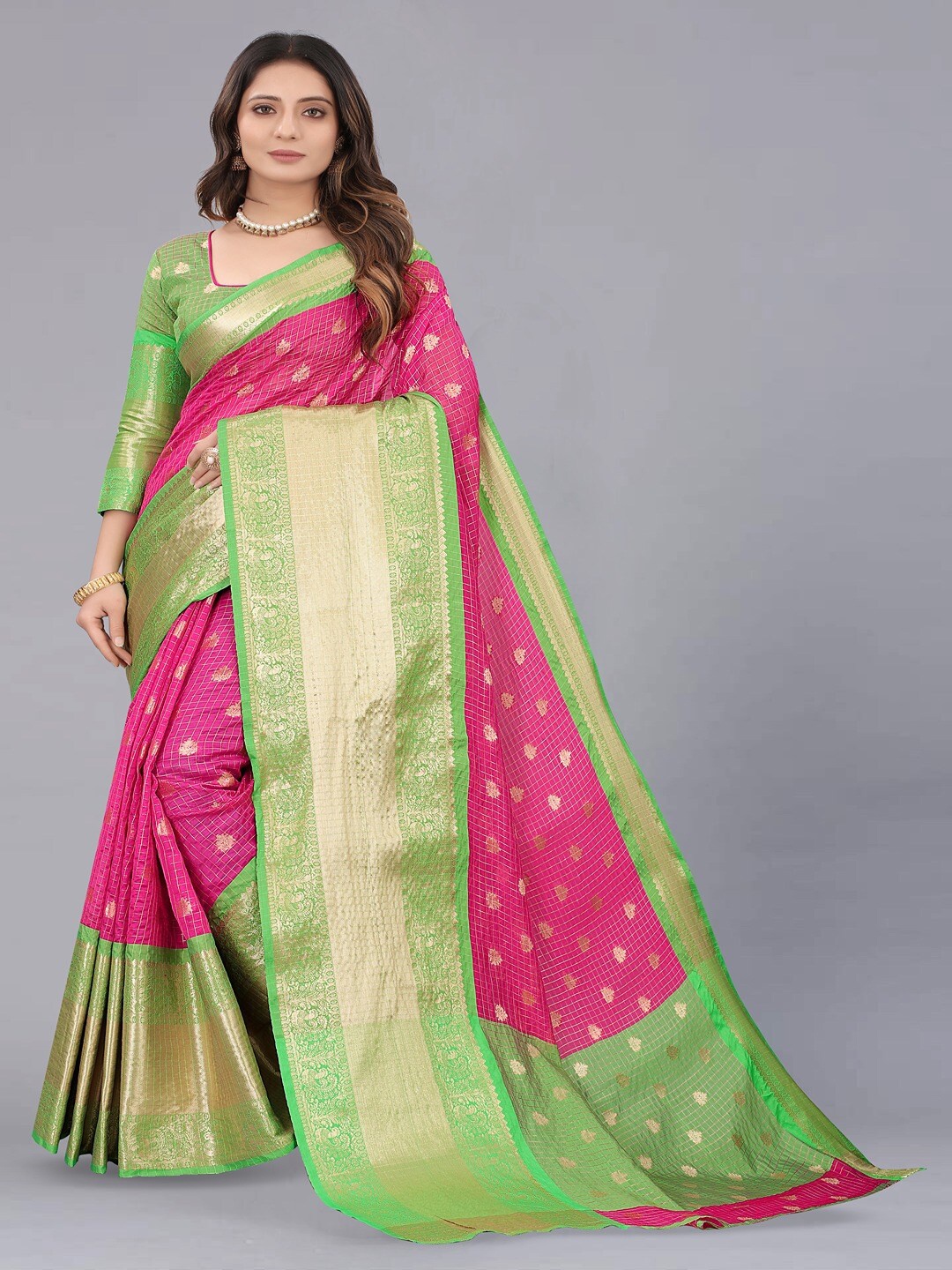 

Vilochan Ethnic Motifs Woven Design Zari Organza Banarasi Saree, Pink
