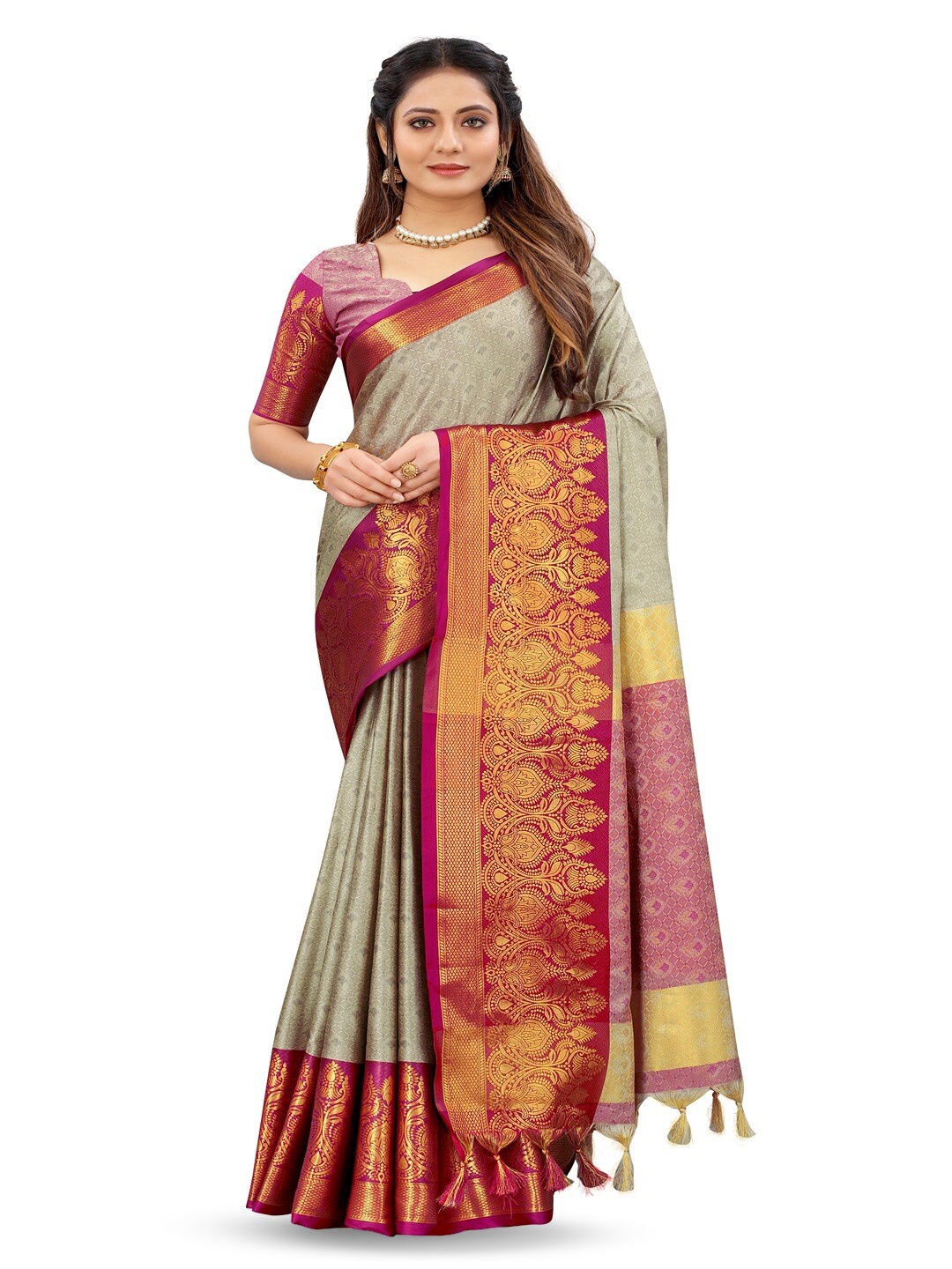 

Vilochan Ethnic Motifs Woven Design Zari Silk Cotton Banarasi Saree, Beige
