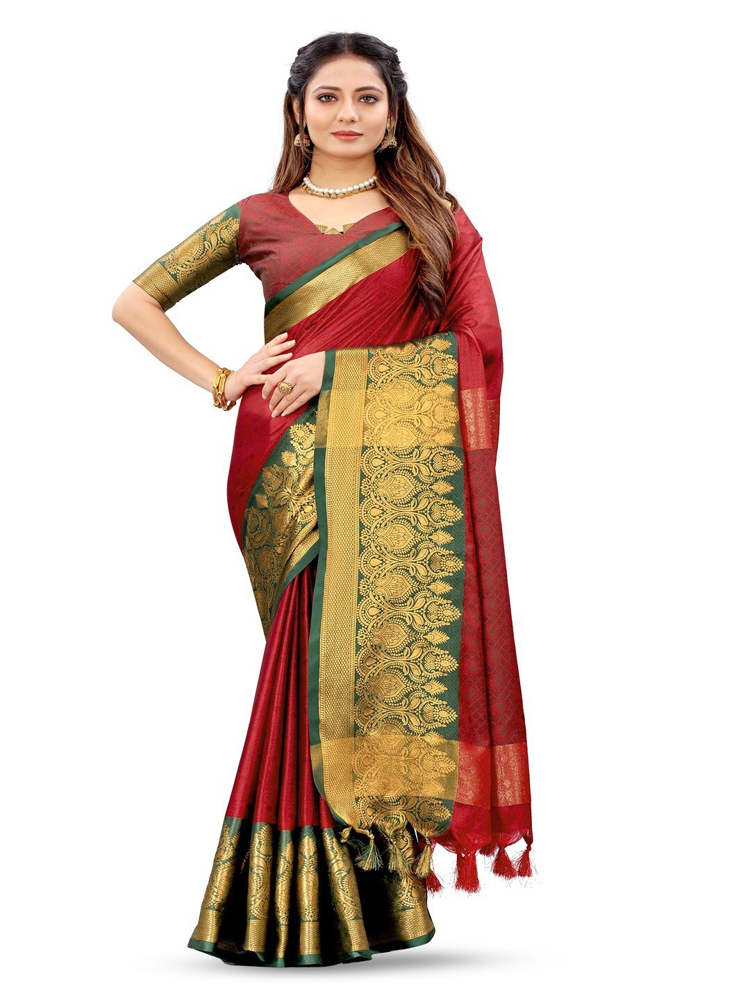 

Vilochan Ethnic Motifs Woven Design Zari Silk Cotton Banarasi Saree, Red