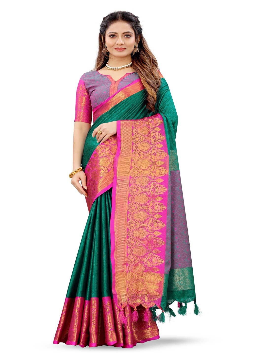 

Vilochan Ethnic Motifs Woven Design Zari Silk Cotton Banarasi Saree, Blue