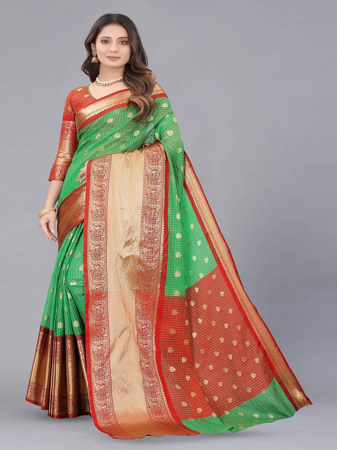 

Vilochan Ethnic Motifs Woven Design Zari Organza Banarasi Saree, Green