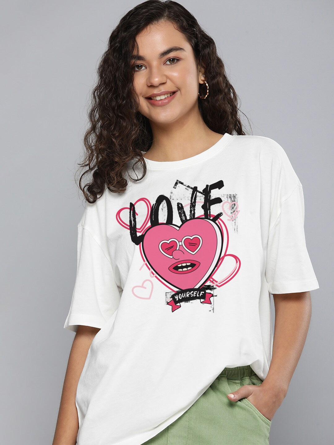 

Huetrap Typography Printed Drop Shoulder Sleeves Cotton T-shirt, White
