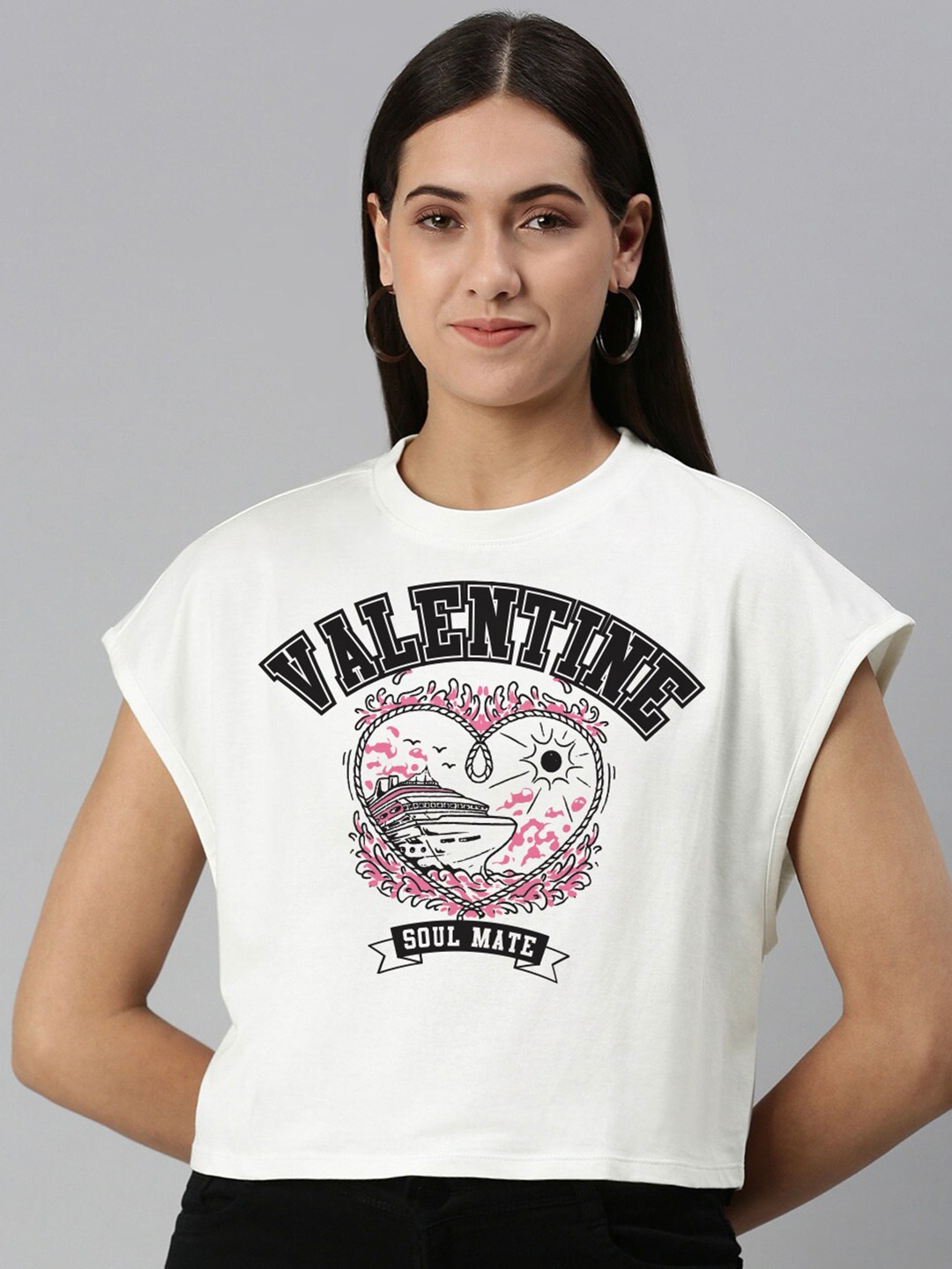 

Huetrap Typography Printed Extended Sleeves Cotton Boxy T-shirt, White