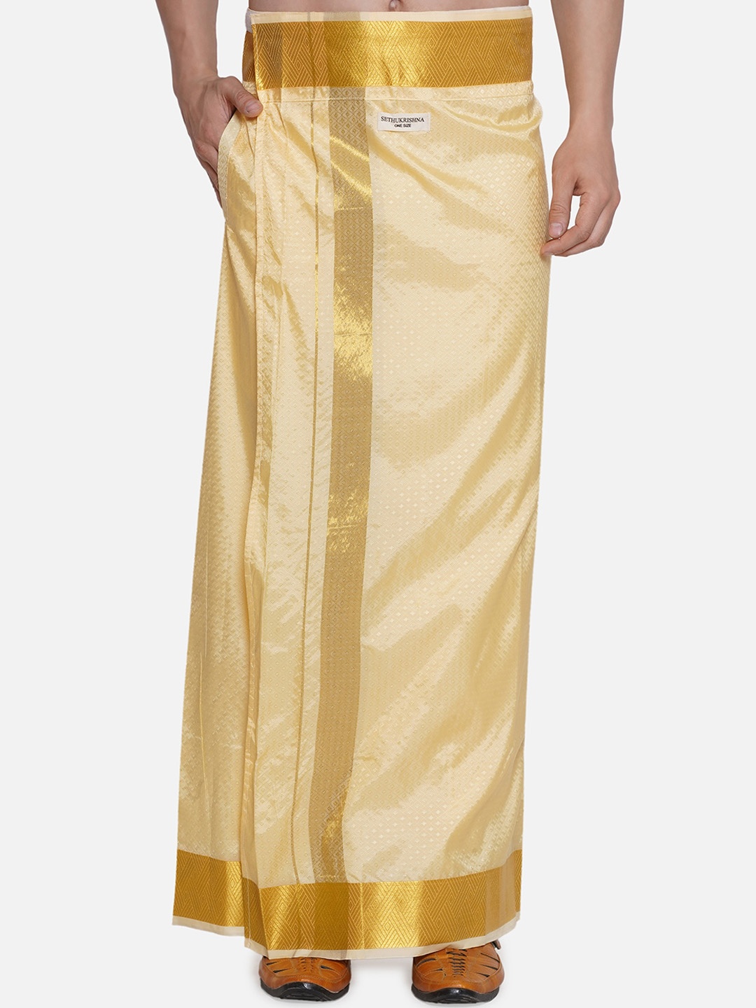 

Sethukrishna Self-Design Dhoti With Angavastram, Beige