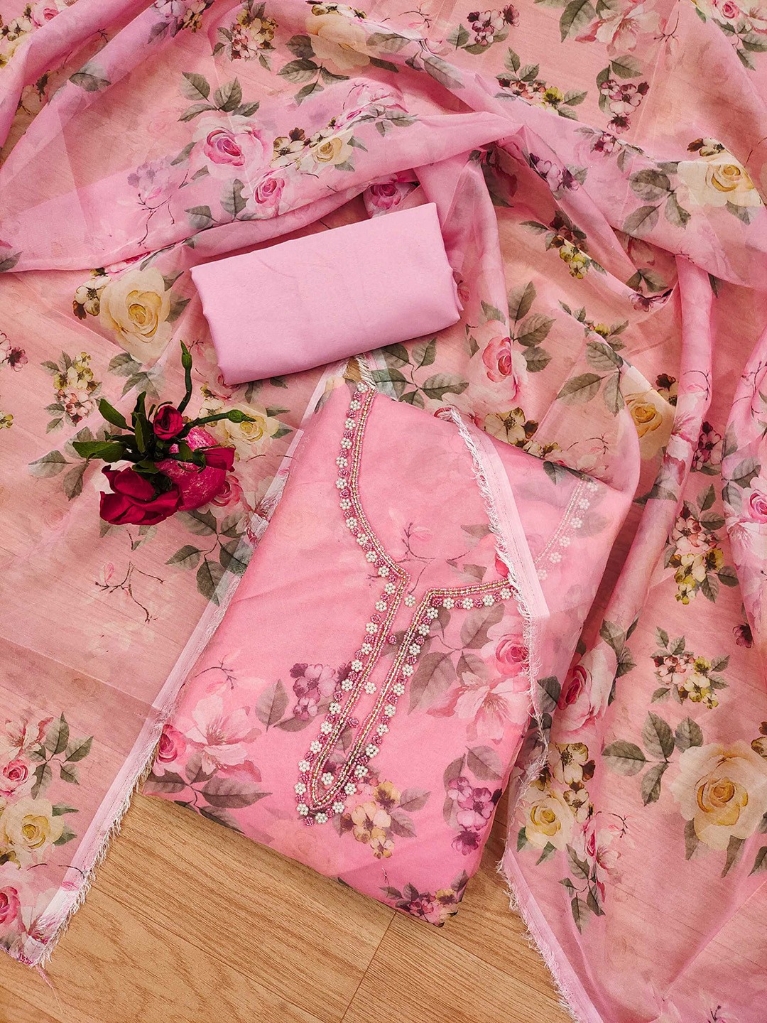 

KALINI Floral Printed Beads & Stones Unstitched Dress Material, Pink