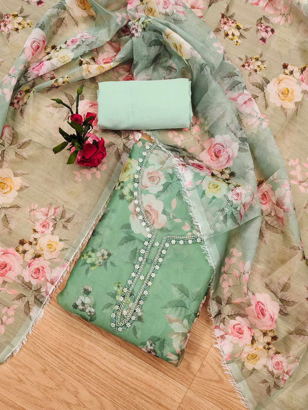 

KALINI Floral Printed Beads & Stones Unstitched Dress Material, Green