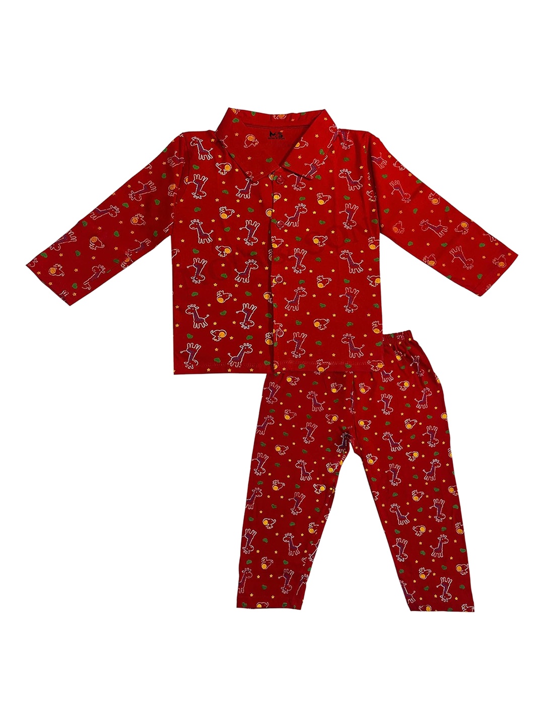 

BAESD Kids Conversational Printed Shirt Collar Long Sleeves Night suit, Red