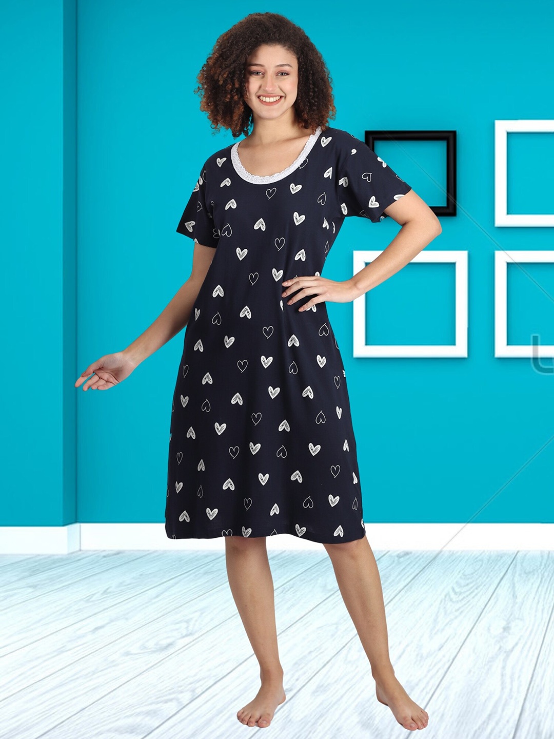 

Noty Conversational Printed Pure Cotton Nightdress, Blue
