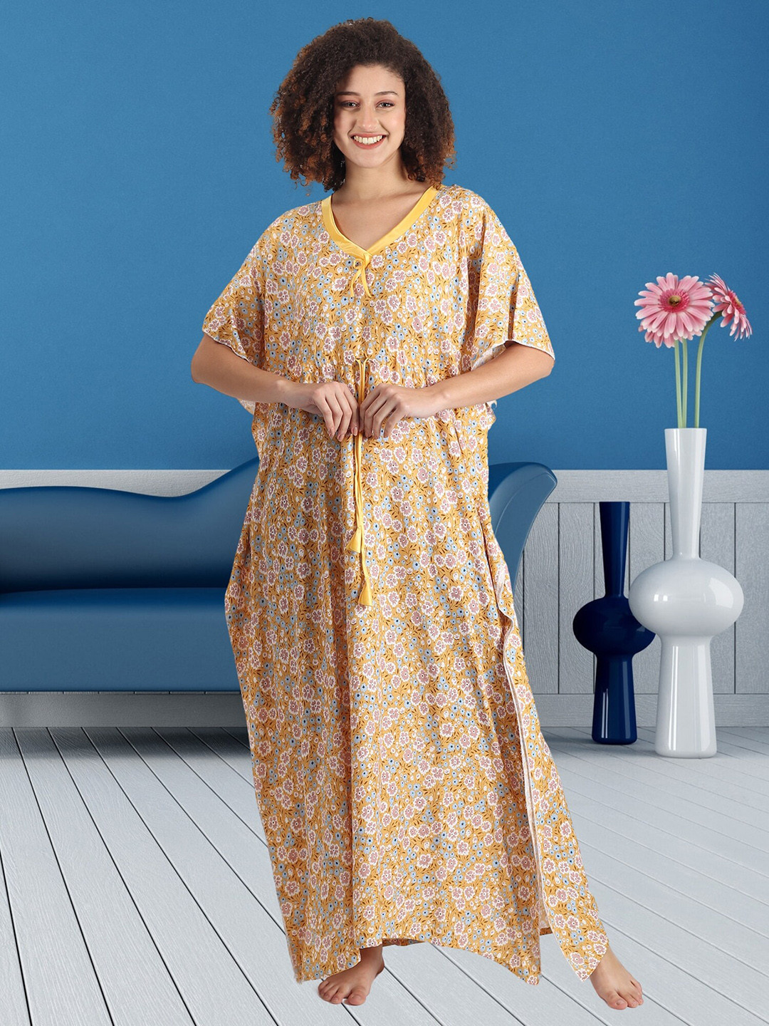 

Noty Printed Maxi Kaftan Nightdress, Yellow