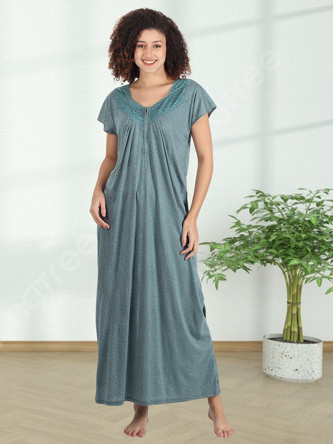 

Noty Polka Dots Printed Maxi Nightdress, Green