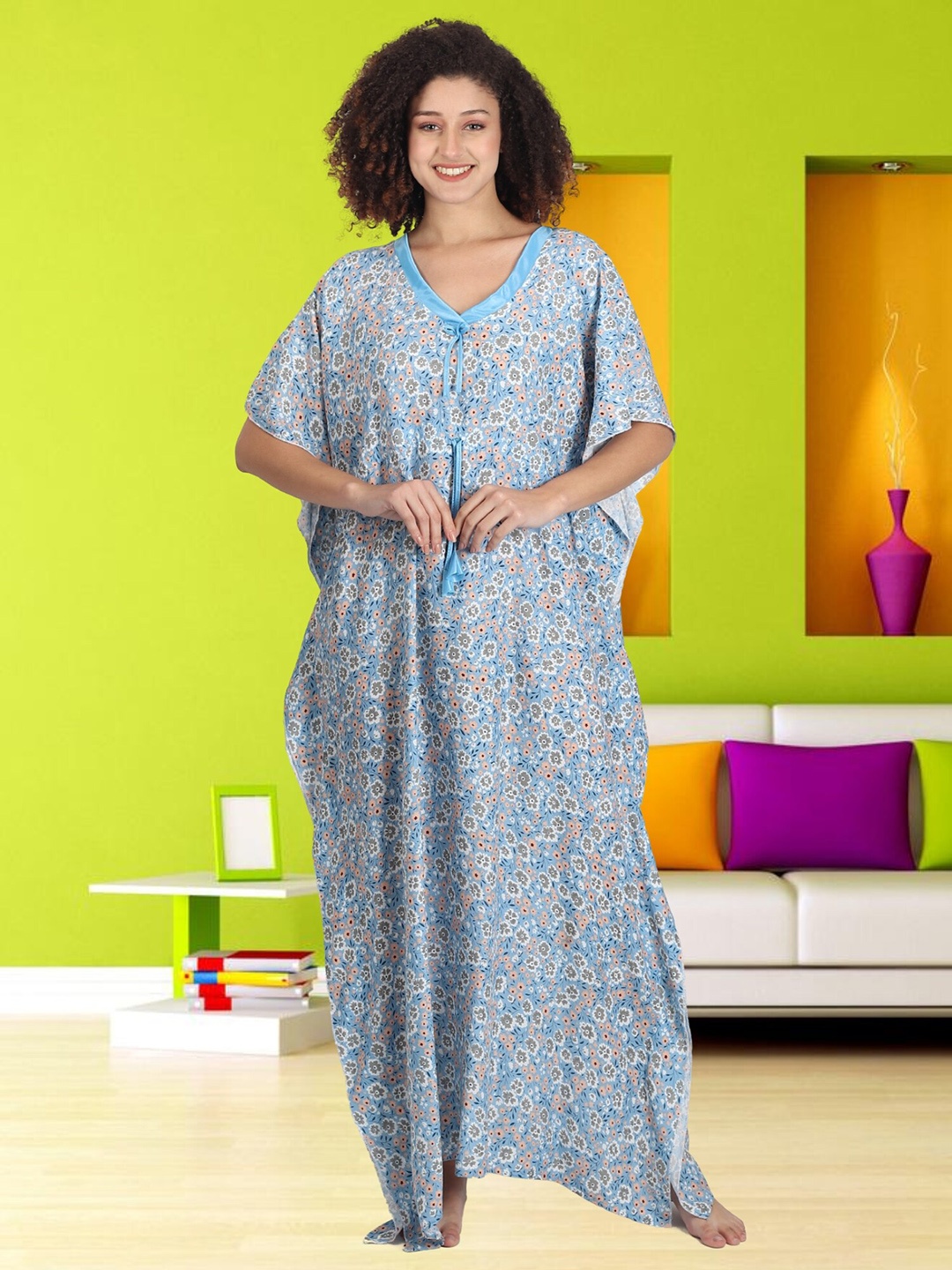 Noty Floral Printed Maxi Kaftan Nightdress, Blue
