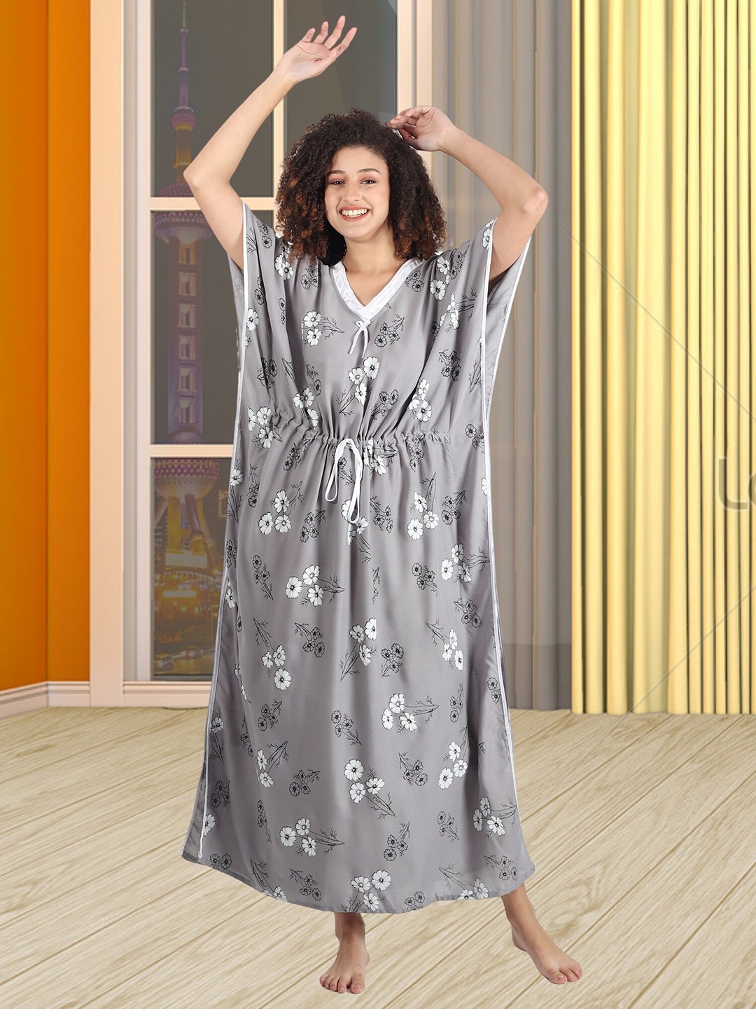 

Noty Floral Printed V-Neck Maxi Kaftan Nightdress, Grey