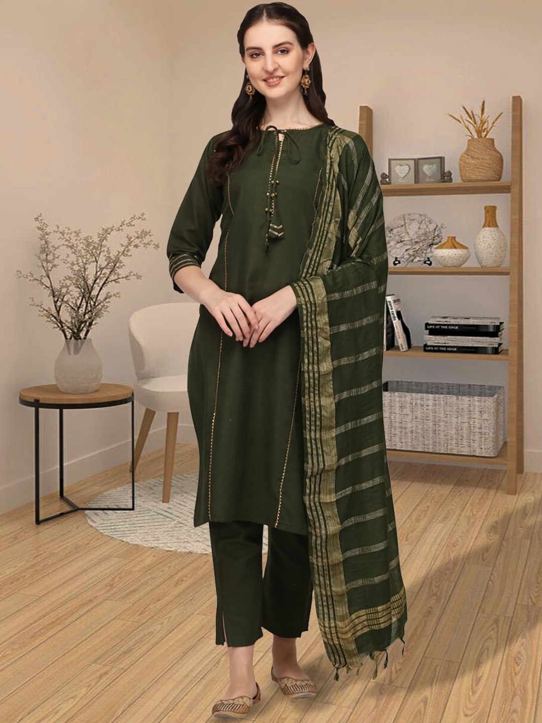 

KALINI Gotta Patti Pure Cotton Kurta With Salwar & Dupatta, Green