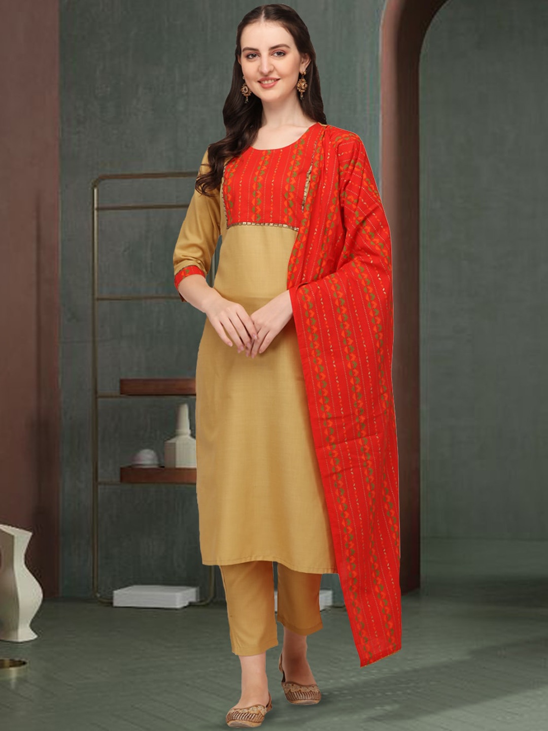 

KALINI Yoke Design Gotta Patti Pure Cotton Kurta With Trousers & Dupatta, Cream