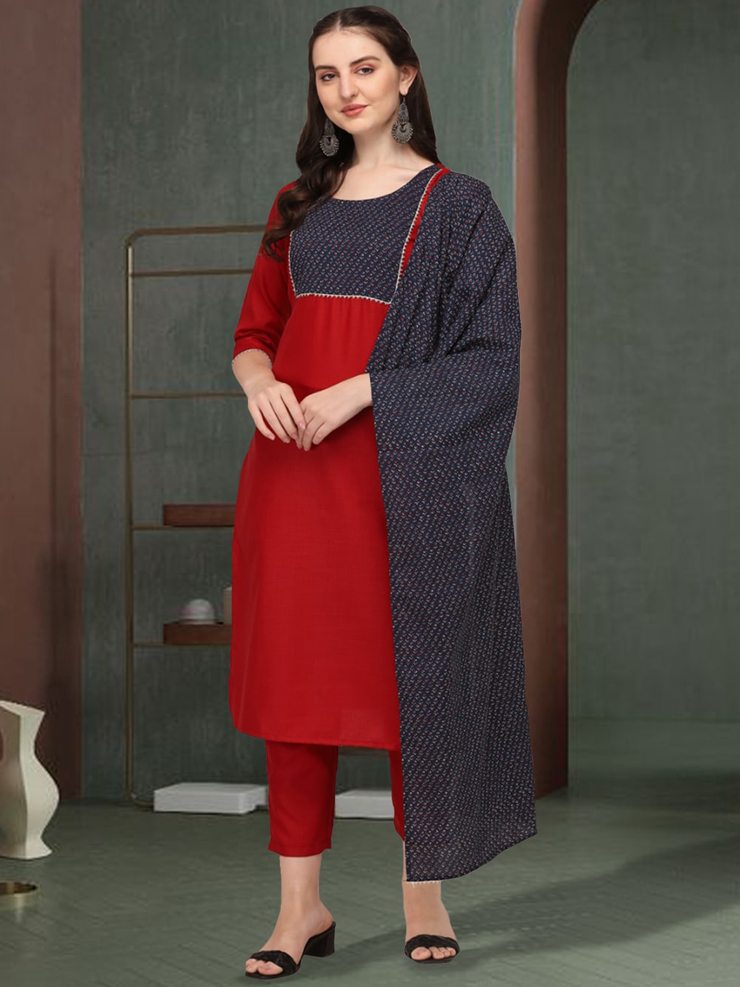 

KALINI Ethnic Motifs Yoke Design Gotta Patti Pure Cotton Kurta With Trousers & Dupatta, Maroon