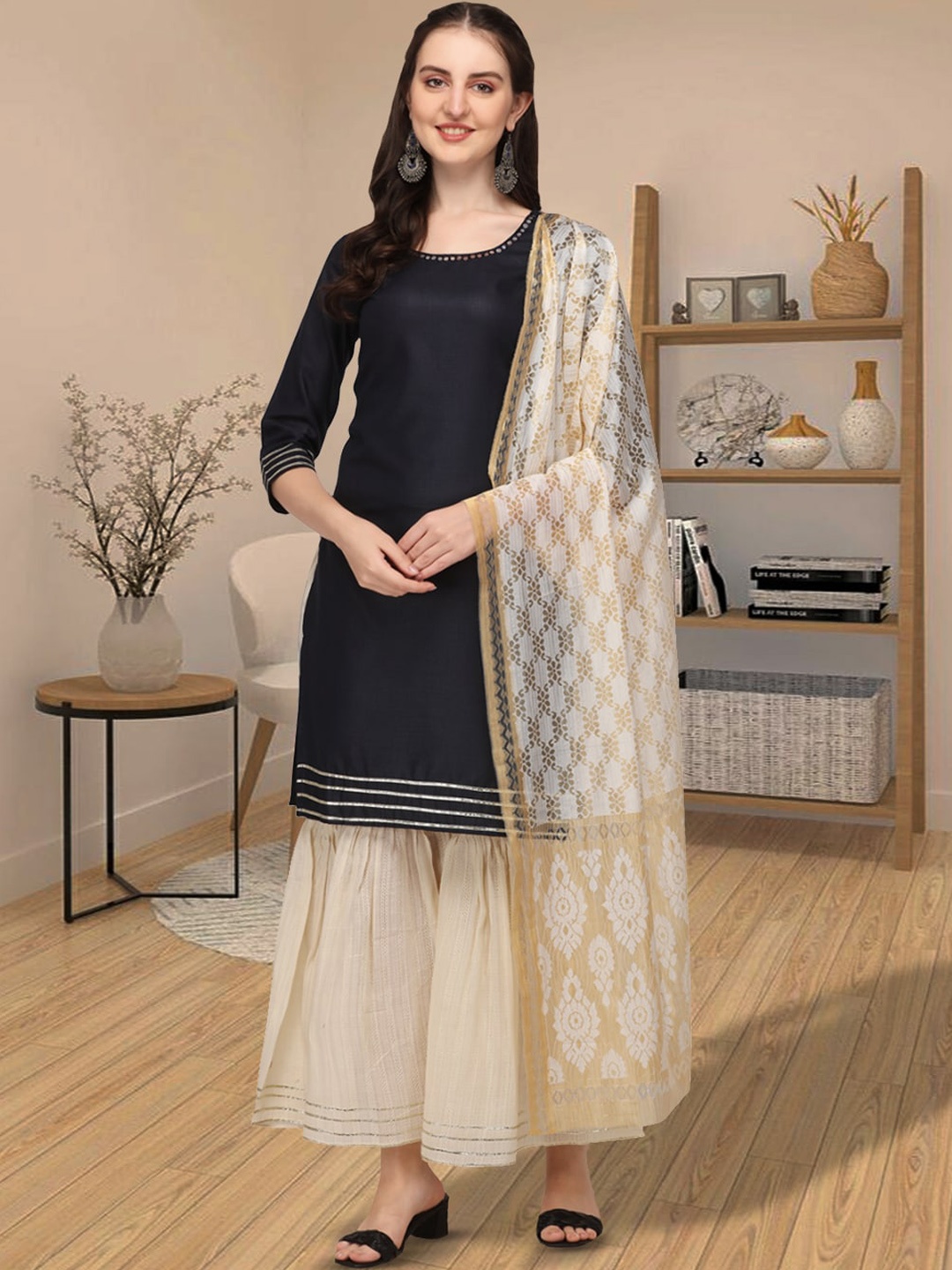 

KALINI Mirror Work & Gotta Patti Pure Cotton Kurta With Sharara & Dupatta, Blue