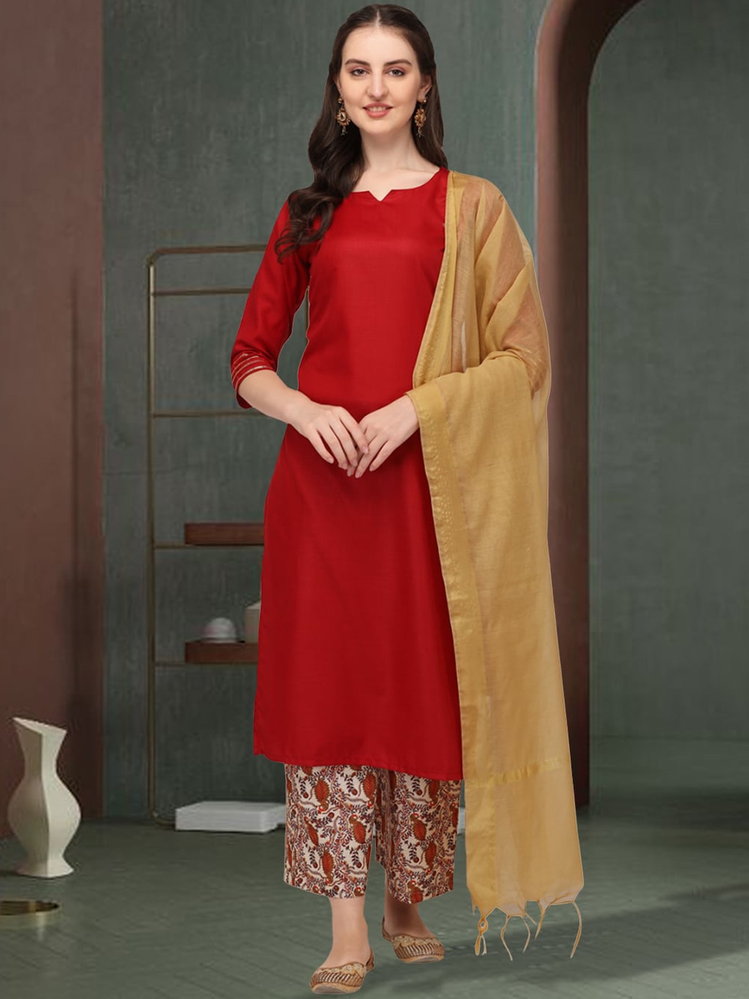 

KALINI Round Neck Straight Pure Cotton Kurta with Palazzos & Dupatta, Maroon