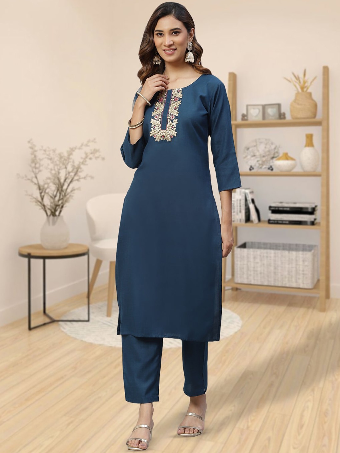 

KALINI Ethnic Motifs Yoke Design Gotta Patti Pure Cotton Kurta With Trouser, Blue