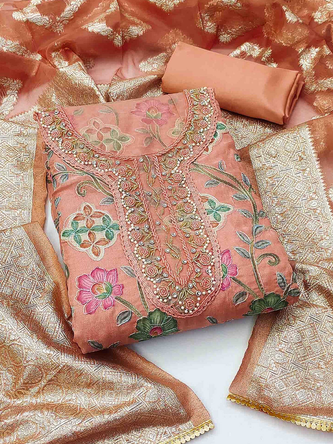 

MANVAA Floral Embroidered Organza Unstitched Dress Material, Peach