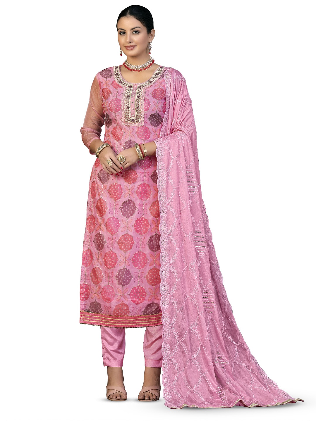 

MANVAA Embellished Organza Unstitched Dress Material, Pink