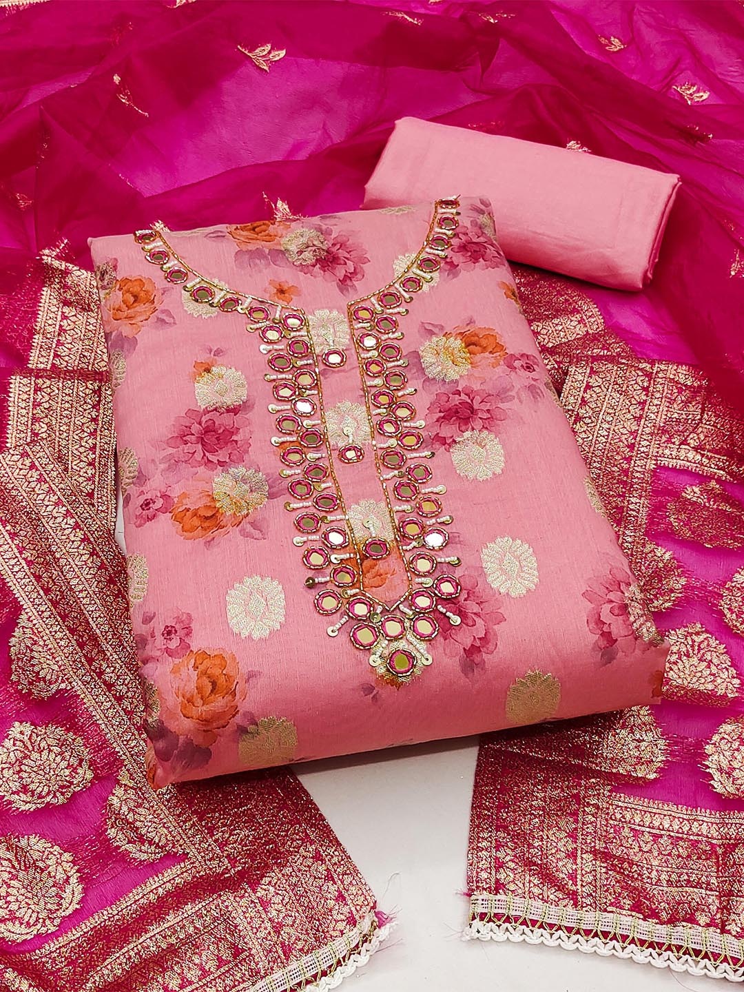 

MANVAA Embellished Unstitched Dress Material, Pink