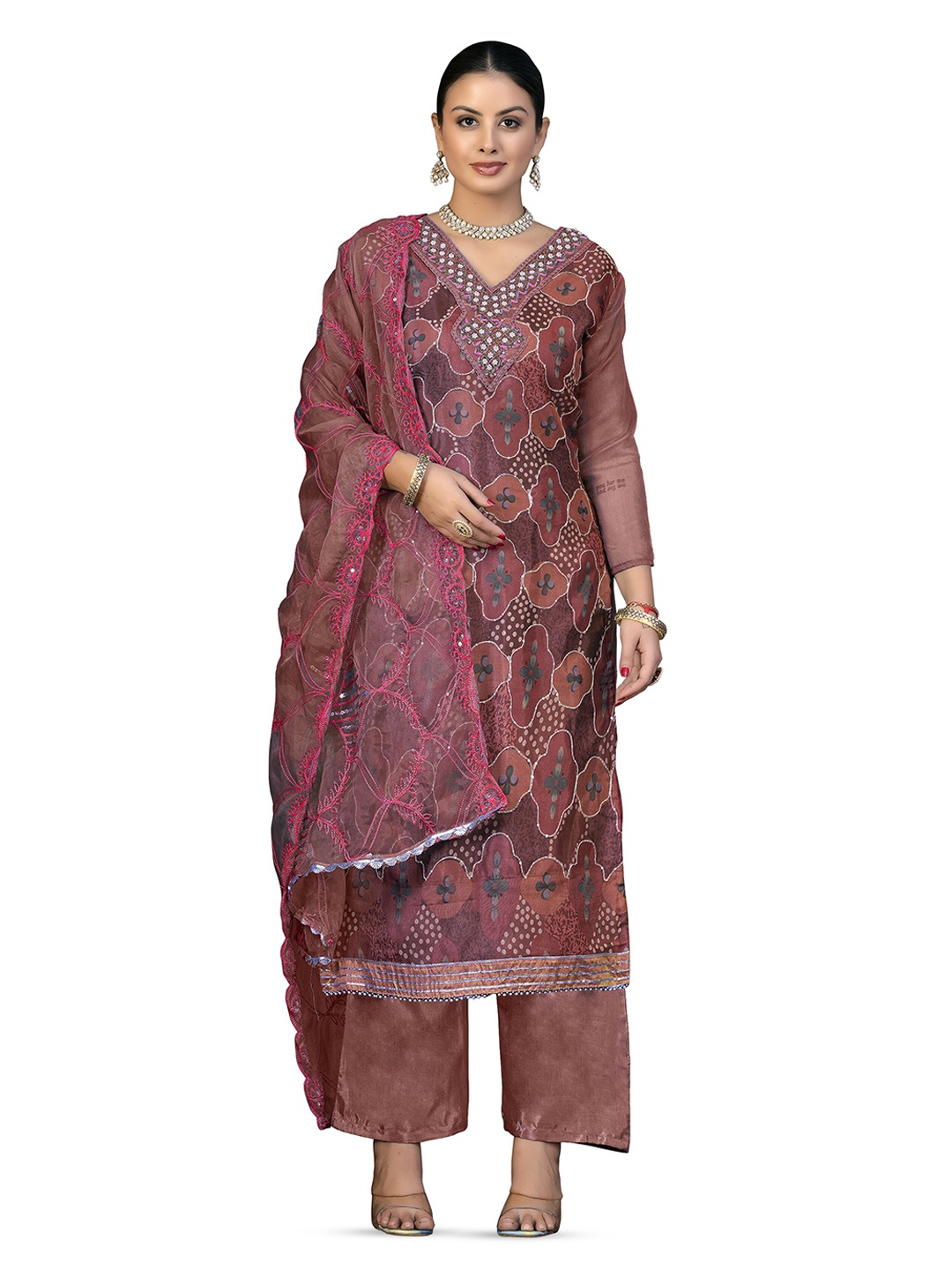 

MANVAA Floral Printed Sequinned Unstitched Dress Material, Brown