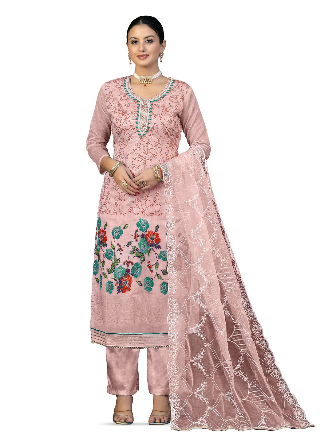 

MANVAA Printed Unstitched Dress Material, Peach